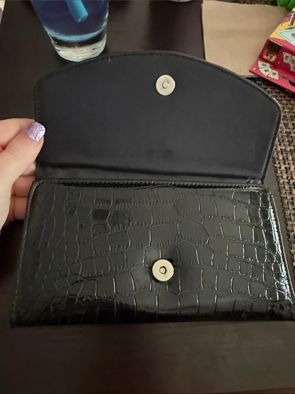 Black Faux Croc-Embossed Wallet Clutch with Crystal Heart Accent